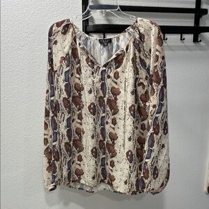 Grace Cream Snake-Print Long Sleeve Blouse with Brown and Navy Accents